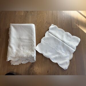 Vintage white table cloth embroidered cut work with 12 matching napkins